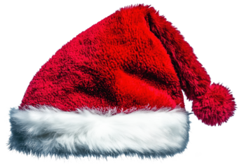 Soft red Santa hat with white fur trim and pom pom, isolated on transparent background, Christmas accessory.