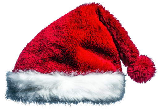 Soft red Santa hat with white fur trim and pom pom, isolated on transparent background, Christmas accessory.