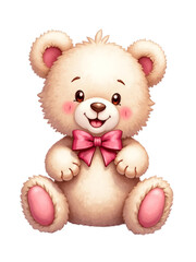 Cute Fluffy Teddy Bear with Pink Bows, Soft Toy Illustration on White Background