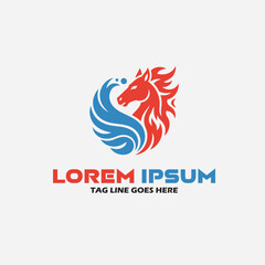 "Abstract Horse and Bird Logo &ndash; Red and Blue Circular Emblem Symbolizing Strength, Motion, and Creativity for Sports, Transport, and Branding Projects"