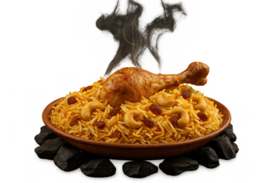 Traditional chicken biryani bowl steaming hot, preparing delicious indian meal, transparent background for graphic design