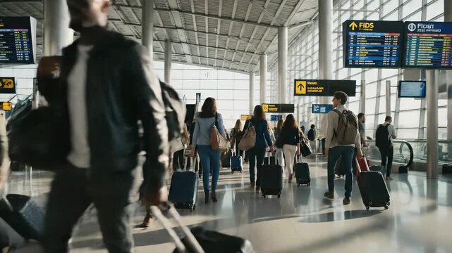 Crowd of diverse travelers walking with rolling luggage in a busy airport terminal. Business people and tourists move through the sunlit concourse. Global travel and transportation hub concept - Powered by Adobe