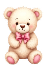 Cute Fluffy Teddy Bear with Pink Bows, Soft Toy Illustration on White Background