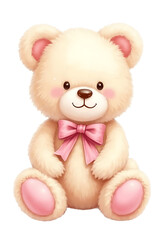 Cute Fluffy Teddy Bear with Pink Bows, Soft Toy Illustration on White Background