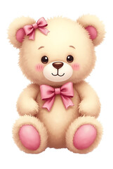 Cute Fluffy Teddy Bear with Pink Bows, Soft Toy Illustration on White Background