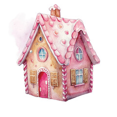 Cute Pink Gingerbread  Candy House, Watercolor Gingerbread House with Sweets and Christmas Decorations