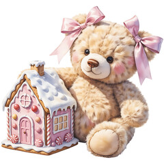 Cute Fluffy Teddy Bear with Pink Bows, Soft Toy Illustration on White Background