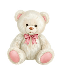 Cute Fluffy Teddy Bear with Pink Bows – Soft Toy Illustration on White Background