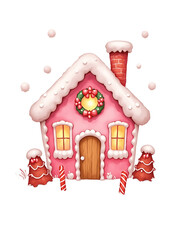 Cute Pink Gingerbread  Candy House, Watercolor Gingerbread House with Sweets and Christmas Decorations