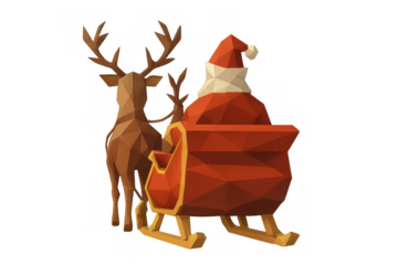 Santa claus sitting in a red sleigh pulled by a reindeer, presenting a festive low poly design with a clear background