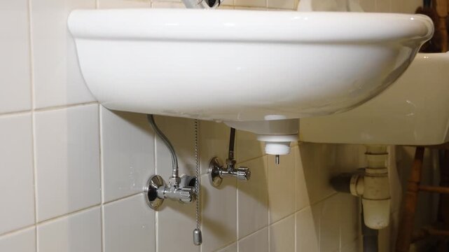Skilled plumber successfully removing a plastic siphon from beneath a white ceramic sink in a tiled bathroom while conducting maintenance or repairs, showcasing his proficiency in the field
