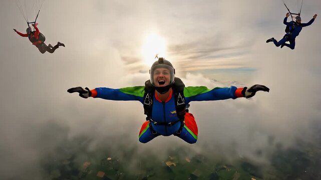 Enthusiast freefalling through sunny sky. Skydivers enjoying extreme sport above vast landscape. Panning wide shot.