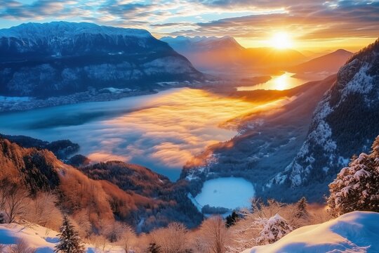 Breathtaking sunrise over misty mountain valley with glowing clouds and snow-covered peaks.