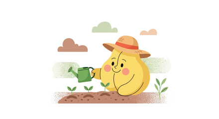 Naklejka premium Cartoon Pear Character Watering Plants In Adorable Garden Setting Illustration Design
