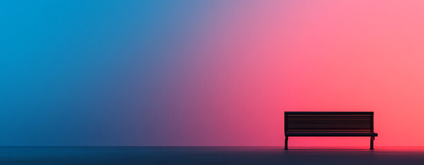 Fototapeta premium A bench rests against a vibrant backdrop of blue and pink, the light creating a gradient effect. It is simple, yet eye-catching. A calming scene in a studio.