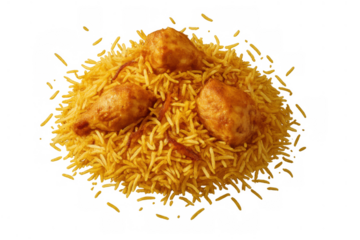 Aromatic chicken biryani prepared with basmati rice and traditional spices, a popular indian and middle eastern dish on transparent background