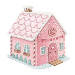 Cute Pink Gingerbread  Candy House, Watercolor Gingerbread House with Sweets and Christmas Decorations