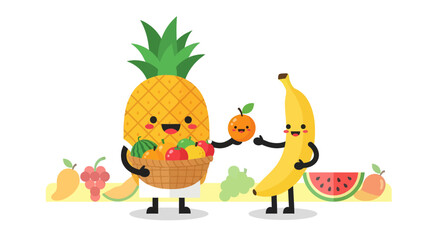 Cheerful Fruit Characters Presenting a Basket of Fresh and Delicious Tropical Foods