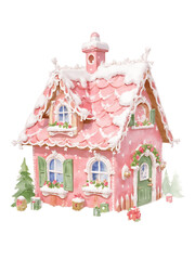 Cute Pink Gingerbread  Candy House, Watercolor Gingerbread House with Sweets and Christmas Decorations