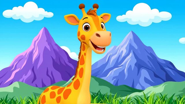 Cartoon giraffe standing against mountain landscape background
