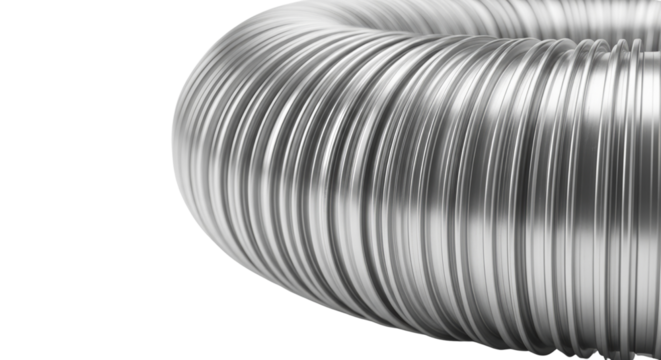 Flexible aluminum ventilation tube close-up on transparent background  