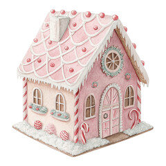 Cute Pink Gingerbread  Candy House, Watercolor Gingerbread House with Sweets and Christmas Decorations