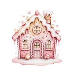 Cute Pink Gingerbread  Candy House, Watercolor Gingerbread House with Sweets and Christmas Decorations