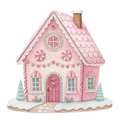 Cute Pink Gingerbread  Candy House, Watercolor Gingerbread House with Sweets and Christmas Decorations