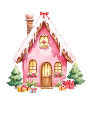 Cute Pink Gingerbread  Candy House, Watercolor Gingerbread House with Sweets and Christmas Decorations