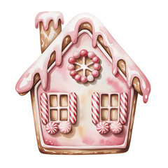 Cute Pink Gingerbread  Candy House, Watercolor Gingerbread House with Sweets and Christmas Decorations