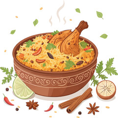 Chicken Biryani Illustration in Clay Pot – Traditional Spicy Rice Dish with Herbs and Indian Spices