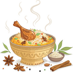 Chicken Biryani Illustration – Traditional Spicy Rice Dish Served in Decorative Bowl with Herbs and Spices