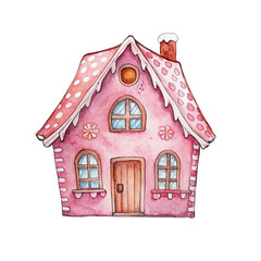 Cute Pink Gingerbread  Candy House, Watercolor Gingerbread House with Sweets and Christmas Decorations