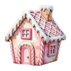 Cute Pink Gingerbread  Candy House, Watercolor Gingerbread House with Sweets and Christmas Decorations
