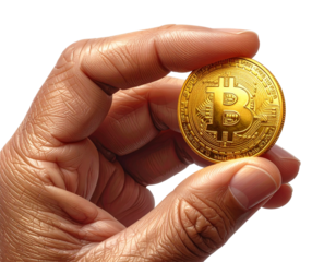  Bitcoin Gold Coin Held Between Fingers – Cryptocurrency Concept Isolated PNG