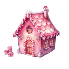 Cute Pink Gingerbread  Candy House, Watercolor Gingerbread House with Sweets and Christmas Decorations