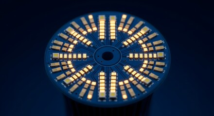 Detailed macro shot of an illuminated circular LED light array on a blue printed circuit board.