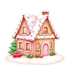 Cute Pink Gingerbread  Candy House, Watercolor Gingerbread House with Sweets and Christmas Decorations