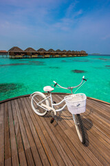 Tranquil closeup calm sea water waves with palm trees. White bicycle on deck. Tropical island beach landscape exotic shore coast. Summer vacation, holiday amazing nature. Relax paradise, Maldives.