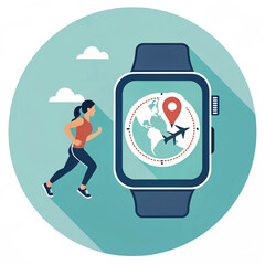 Fitness Tracker Illustration – Woman Running with Smartwatch GPS and Location Tracking