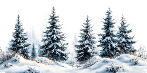 Fototapeta premium trees covered in snow, isolated on a transparent background, winter landscape
