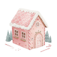 Cute Pink Gingerbread  Candy House, Watercolor Gingerbread House with Sweets and Christmas Decorations