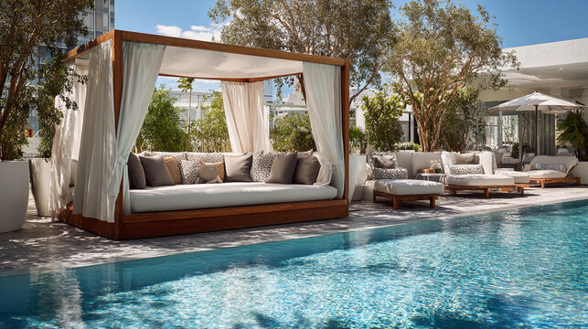 Luxurious poolside cabana with cozy seating under clear blue sky