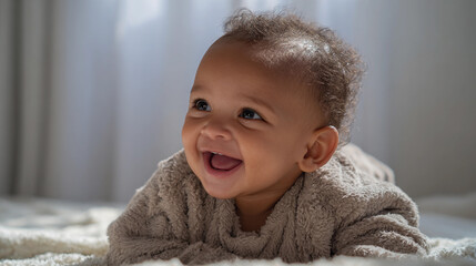 Happy baby smiling while lying on soft blanket at home