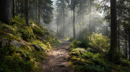 Beautiful winding forest path through misty trees at dawn