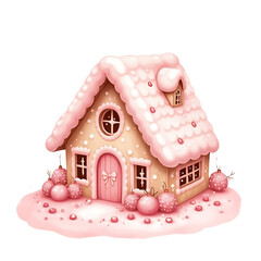 Cute Pink Gingerbread  Candy House, Watercolor Gingerbread House with Sweets and Christmas Decorations