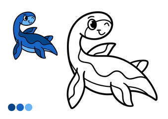 Cute cartoon dinosaur childrens coloring book page. Happy swimming plesiosaurus. Black and white outline illustration.
