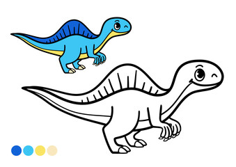 Cute cartoon dinosaur childrens coloring book page. Funny prehistoric animal with a sail on its back. Outline illustration with color example.