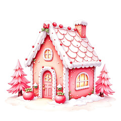 Cute Pink Gingerbread  Candy House, Watercolor Gingerbread House with Sweets and Christmas Decorations