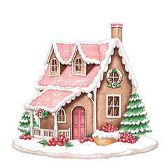 Cute Pink Gingerbread  Candy House, Watercolor Gingerbread House with Sweets and Christmas Decorations